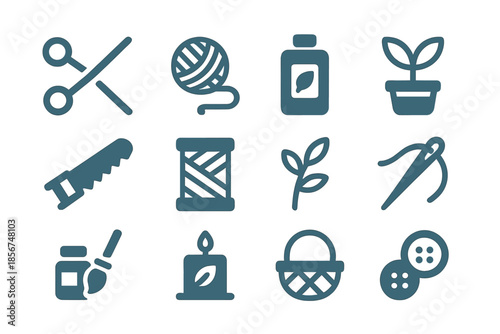 Set of 12 crafting and DIY icons in blue outline