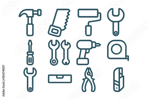 Collection of Tool Icons with Blue Neon Glow