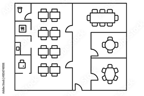 Office floor plan with meeting rooms and cubicles