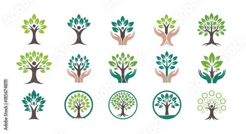 Tree Logo Set with Hands and Human Figures Symbolizing Growth Nature Care Life and Environmental Protection Icons