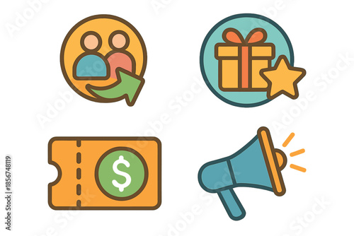 Set of four referral and promotion icons with neon glow