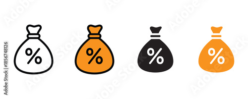 Money bag icons with percentage sign icon set vector on white background. percent, financial, economy, commerce, cash symbol. vector illustration.
