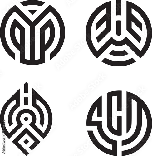 Collection of modern abstract geometric logos and monograms in black and white minimalist style