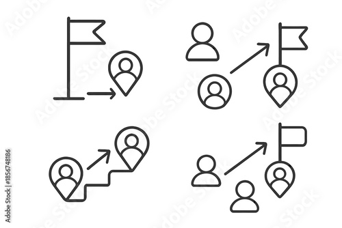 Set of four progress icons with location pins and flags