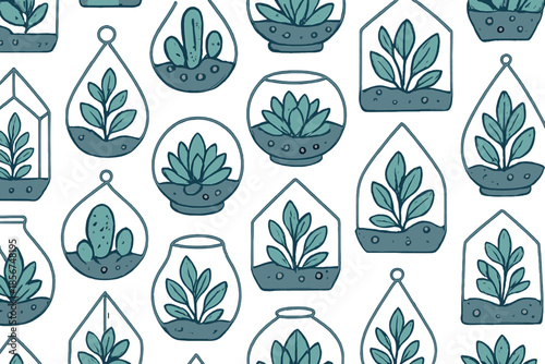 Hand-Drawn Terrarium Plants Pattern Seamless Background
