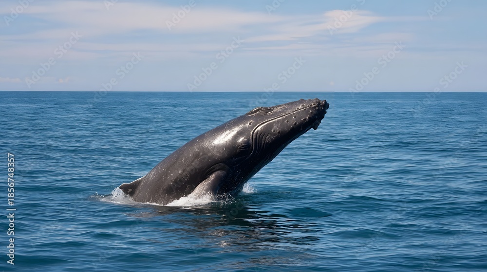 Fototapeta premium A humpback whale breaches majestically from the blue ocean waters under a clear sky