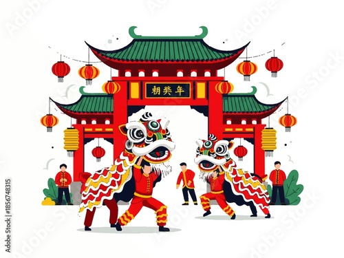 A vibrant Flat Design Ilustration Vector of a traditional lion dance performance in front of a Chinese gate with lanterns.