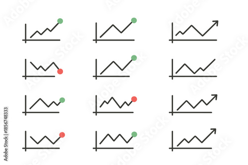 Stock market graphs with green and red indicators