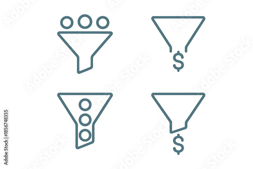 Four funnels with glowing outlines on dark background