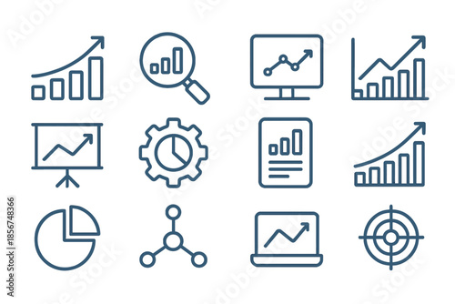 Business data analysis icons on a dark gradient background