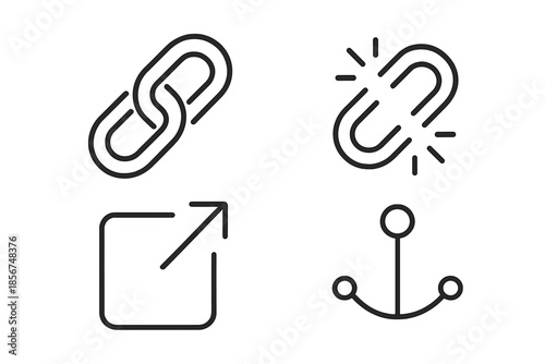 Set of four dark grey minimalistic icons with glowing outlines on a dark textured background