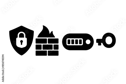 Security Icons: Shield, Firewall, Authenticator, Key