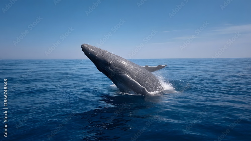 Fototapeta premium A majestic whale breaches powerfully from the deep blue ocean water under a clear sky