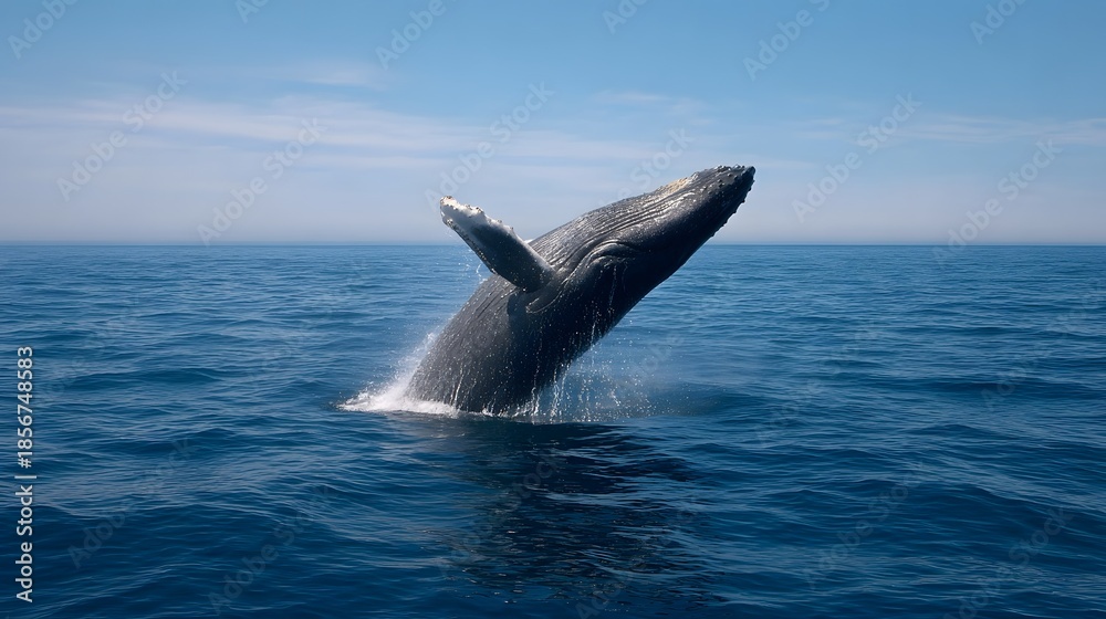 Fototapeta premium Majestic humpback whale breaches powerfully from the deep blue ocean under a clear sky