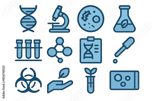 Collection of science and medical icons with blue outline on dark background