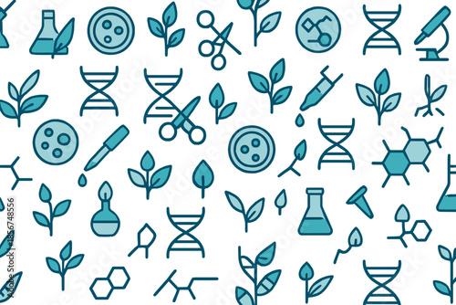Seamless pattern of science and biology icons on a teal gradient background
