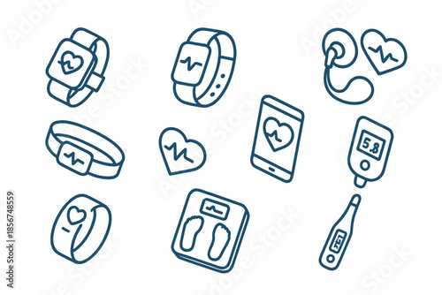 Health and Fitness Technology Icons Glowing Blue on Dark Background