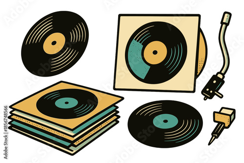 Retro Vinyl Records and Turntable Elements
