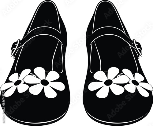 Black and white Mary Jane shoes with flowers, vector illustration of cute girls footwear, vintage style kids fashion accessory, isolated footwear graphic icon