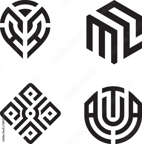 Abstract and minimalist logo collection with various geometric shapes and initial designs