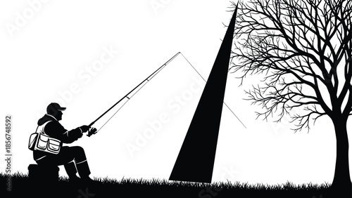 Black and white silhouette of a fisherman sitting on a box casting a rod near a tree and a geometric shape in nature,