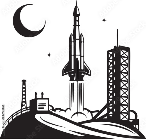 Futuristic rocket launching from moon base silhouette vector