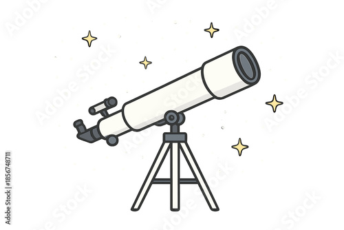 White telescope pointed at stars on a gray background