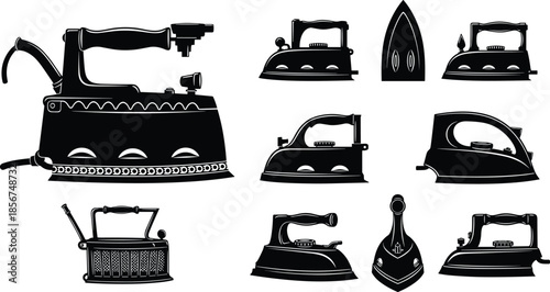 Collection of vintage iron silhouette vector illustrations, antique laundry steam press icons, Victorian household equipment, retro charcoal smoothing tool, domestic history tailoring set.