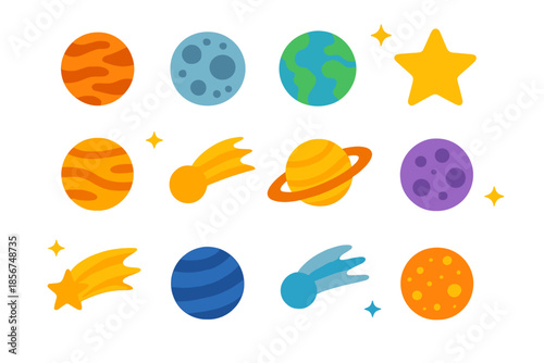 Cosmic cartoon icons with glowing effect