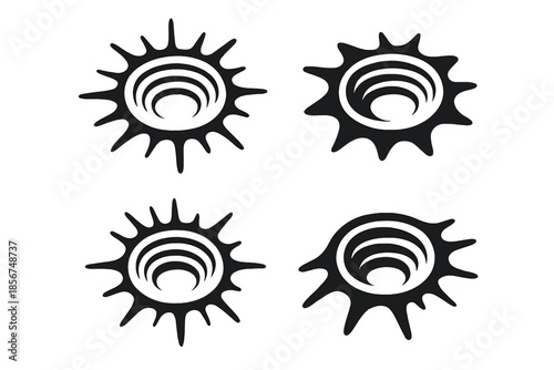 Four abstract black and white spiral sun symbols on a grey gradient background