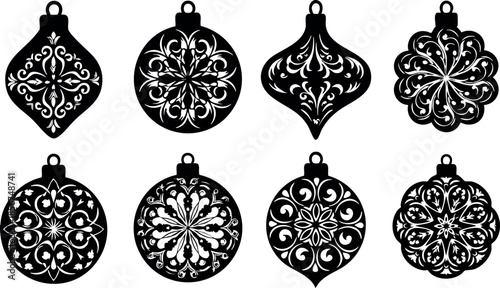Black Christmas ornaments vector set with intricate decorative patterns for elegant holiday design and festive celebration