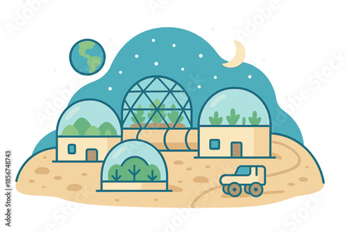 Alien planet settlement with biodomes and rover