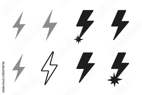 Collection of lightning bolt icons in black and white with neon glow effect