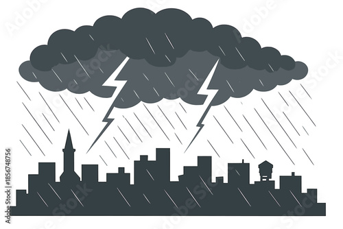Stormy Cityscape with Lightning and Rain