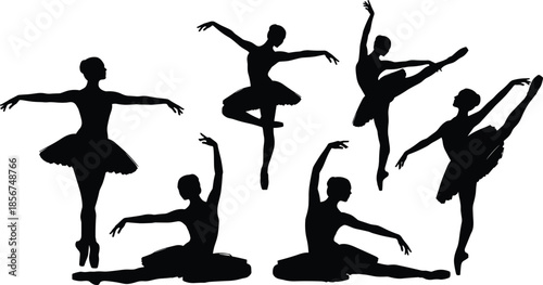 Elegant ballet dancer silhouettes set, graceful ballerina vector illustrations performing classic dance poses, artistic movements isolated on white background for creative design projects.