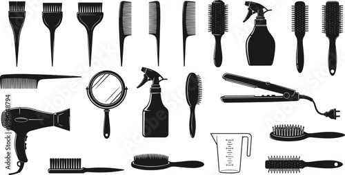 Hairdresser salon professional tools set, barber shop equipment collection with hair dryer, brushes, combs, flat iron, mirror, spray bottle and coloring accessories, vector
