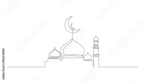 Minimalist Mosque Silhouette with Crescent Moon, Single Line Art