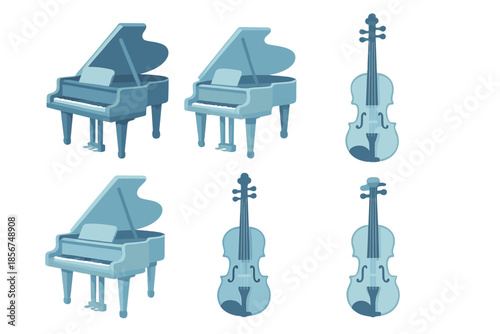 Blue musical instruments floating against a dark background