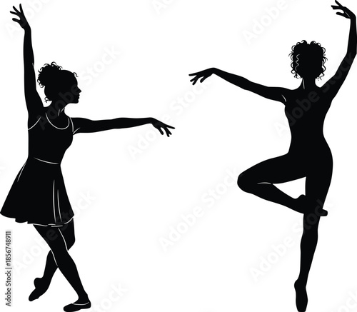 Set of elegant ballerina silhouettes dancing, black female dancers performing graceful poses, ballet studio vector illustration isolated on white background, artistic movements and gymnastics.