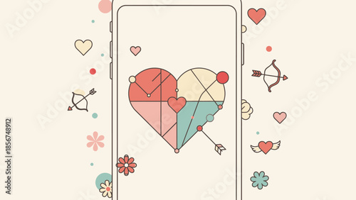 Modern Geometric Heart on Smartphone Screen with Cupid Arrows and Flowers