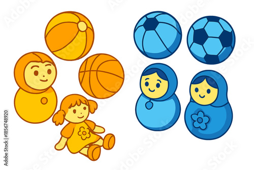 Cute Cartoon Children's Toys and Balls in Orange and Blue Halves