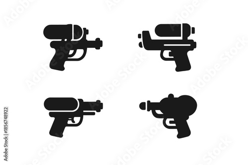 Four stylized black water gun icons on a dark gradient background
