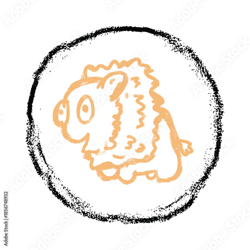 Style "children's hand drawing" multi-colored rooster in profile. Sticker animal to children