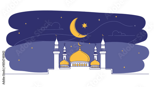 Mosque at Night with Crescent Moon and Stars - Islamic Culture Illustration