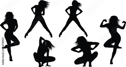 Set of energetic female silhouettes performing expressive dance moves, athletic yoga stretches, and powerful fitness poses for modern urban lifestyle vector graphic design,