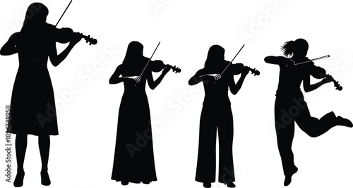 Set of female violinists silhouettes, woman playing violin in different poses including standing and jumping, musical performer vector illustration on white background.
