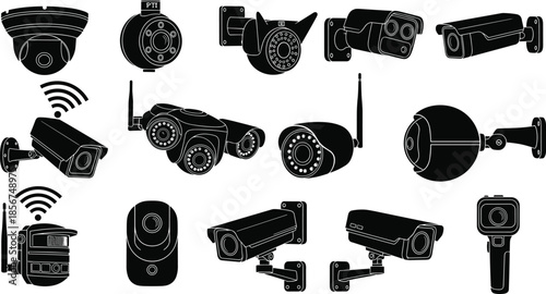 Set of security camera icons, surveillance system silhouettes, CCTV monitoring equipment, wireless IP cameras, dome and bullet camera vectors for home safety protection