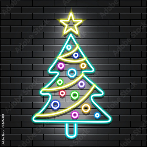 Neon vector illustration of a Christmas tree with glowing ornaments and star on a dark brick background. Modern festive design for decoration, advertising, and posters.