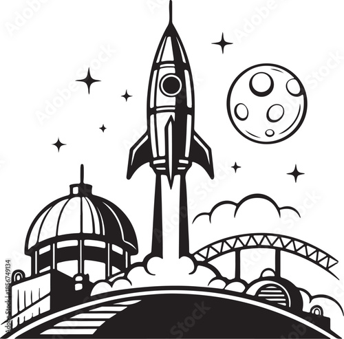 Futuristic rocket launching from moon base silhouette vector