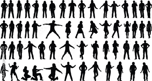Silhouette vector illustration of diverse people standing, walking, gesturing in various poses, perfect for design, animation, posture study, movement reference, character modeling